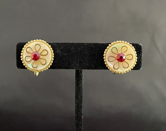 Coro Signed Screw Back Earrings Gold Metal White Pearl Discs Gold Flowers Red Glass Crystals Rhinestones Vintage 1960s Statement Jewelry
