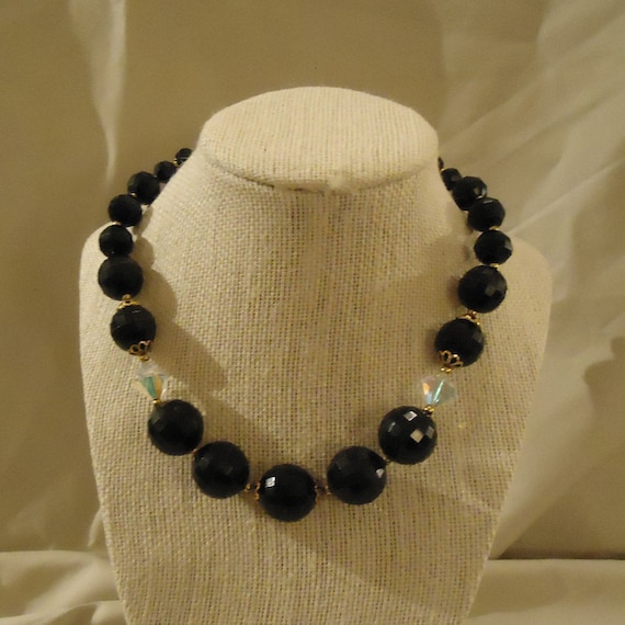 Single One Strand Beaded Necklace Black Faceted R… - image 1