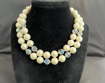 Vintage Double Strand Faux Pearl & Crystal Bead Necklace – Aurora Borealis Sparkle, Mid-Century Costume Jewelry, Statement Bridal Necklace
