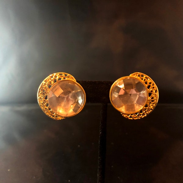 Gold Clear Round Shaped Clip On Earrings Lacy Ornate Scrollwork Like Details Faceted Resin Gems Cabochons Vintage 1980s Costume Jewelry