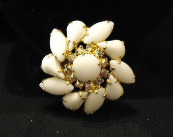 Brooch Pin White Milk Glass Iridescent Glass Crystals Flower Shaped Teardrop Marquis Navette Round Shaped Rhinestones Vintage 1960's Jewelry