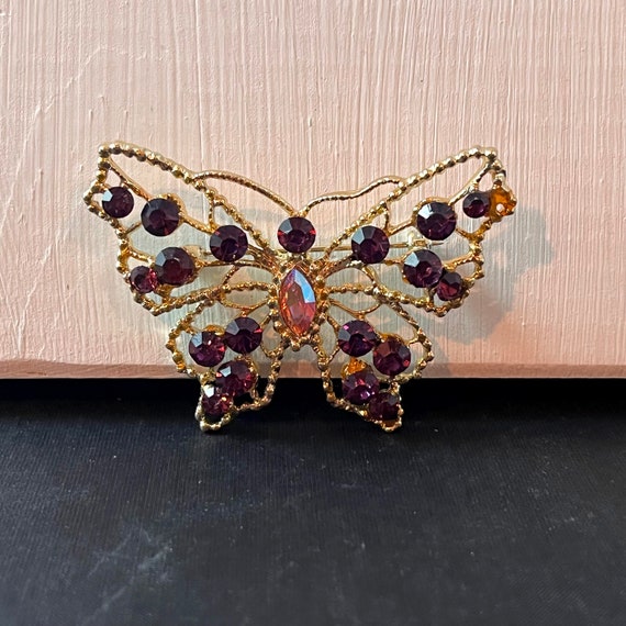 Rhinestone Butterfly Brooch Pin Dark Purple Ameth… - image 1