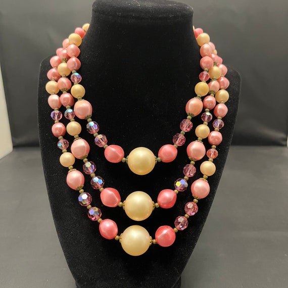 Vintage Multi Strand Necklace Pink White Pearls G… - image 1