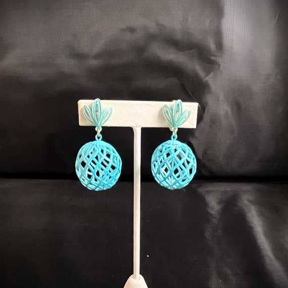 Bright Blue Clip On Earrings Round Ball Cage Like… - image 1