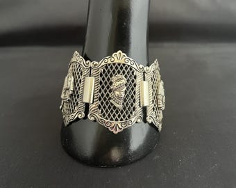 bracelet vintage néo-Renaissance, larges panneaux, maillons ornés de mailles, aluminium, W Allemagne, réglable, fermoir crochet, léger