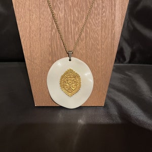 Royal Copenhagen Necklace Very Large Pendant White Ceramic Gold Hieroglyphics Anton Michelsen Designed 1960's Style Costume Jewelry