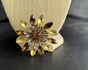 Vintage Light Yellow and Brown Rhinestone Starburst Brooch Pin, Mid Century Costume Jewelry, Autumn Statement Flower Burst Pin Gift