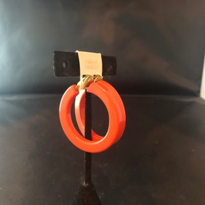 Bright Orange Resin Hoop Earrings Simple Simplistic Style Round Circle Shaped Vintage 1970s Costume Statement Jewelry Gift for Her