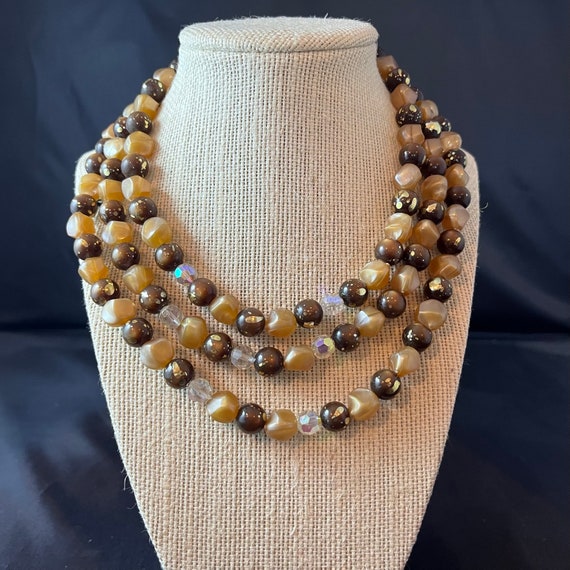 Coro Multi Strand Necklace Three Strands Brown Be… - image 1