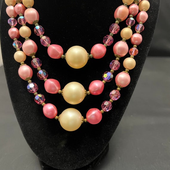 Vintage Multi Strand Necklace Pink White Pearls G… - image 5