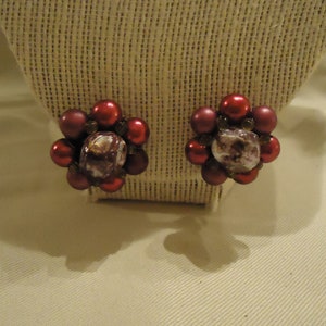 Clip On Cluster Style Earrings Magenta Bright Pearly Pink Purple White Speckled Glass Center Beads Made in Japan Vintage 1960&#39;s Jewelry