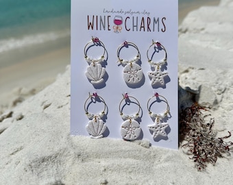 Verres à vin Sable de plage | Charms de vin de coquillage | Charms de vin de Sandollar| Charms de vin | Étoile de mer breloques vin | Cadeau de demoiselle d'honneur | Plage