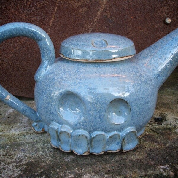 Large Hand thrown skull teapot in blue