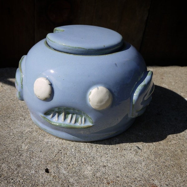 hand thrown, stoneware Piranha sugar bowl