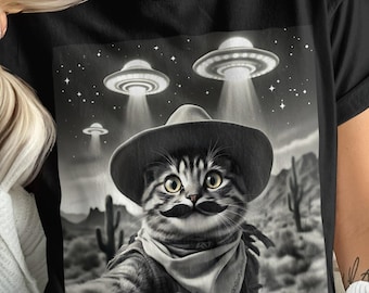 Funny Cat Selfie With UFO T Shirt, Cute UFO Cat Cowboy Tee, Alien Cat Adventure Shirt, Graphic T Shirt, Unique Cat Lover Gift