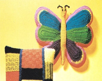 Crochet Butterfly Pillow and Knitted Patchwork Pillow Vintage PDF Pattern Digital Download