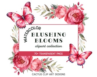 Watercolor Floral Clipart: Blush Pink Peonies & Red Roses (PNG Digital Download)