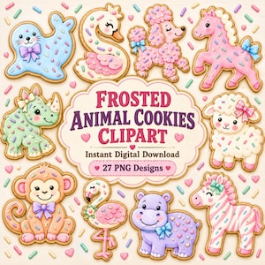 May include: A collection of frosted animal-shaped cookies featuring a seal, swan, poodle, horse, rhino, lamb, monkey, flamingo, hippo, and zebra, all decorated with colorful sprinkles and bows, surrounding text reading FROSTED ANIMAL COOKIES CLIPART.