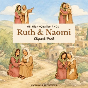 Può includere: Un pacchetto di clipart digitali contenente 68 immagini PNG di alta qualità di Ruth e Naomi. Le illustrazioni raffigurano due figure in abiti storici, una in rosa e una in beige, su uno sfondo di antichi edifici in pietra e colline.