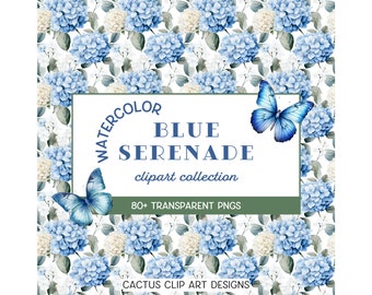 Blue Hydrangea Wedding Clipart: Watercolor Floral PNG Set