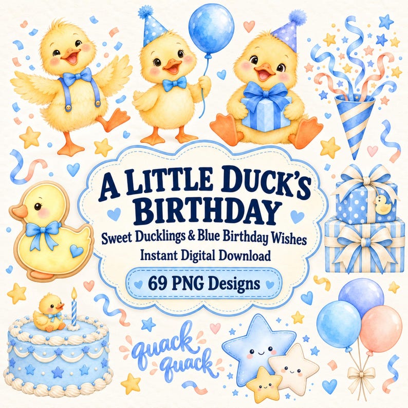 Little Duck Birthday Clipart Bundle, Blue Watercolor Duckling PNG ...