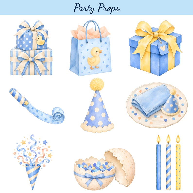 Little Duck Birthday Clipart Bundle, Blue Watercolor Duckling PNG ...