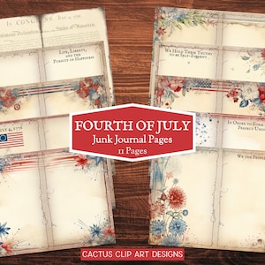4th of July Junk Journal Bifold Pages, Patriotic Printable Scrapbook Paper, Vintage Shabby Chic Ephemera