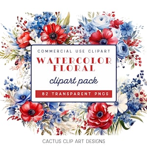 Vaterländische Blumen Clipart | Aquarell Rot, Weiß, und Blau Floral Clipart | Kommerzielle Nutzung | Unabhängigkeitstag | Volkstrauertag | kriegerischer Tag