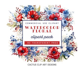 Patriotic Watercolor Floral Clipart: Red, White, and Blue Flowers (PNG Digital Download