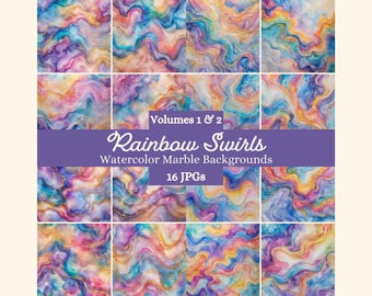 Watercolor Rainbow Marble Digital Paper Bundle | 16 High-Res 12x12" Backgrounds | Pastel Textures | Commercial Use | Instant Download
