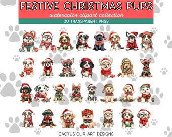Christmas Puppies Clipart: Festive Watercolor Dog Breeds (Digital Download)