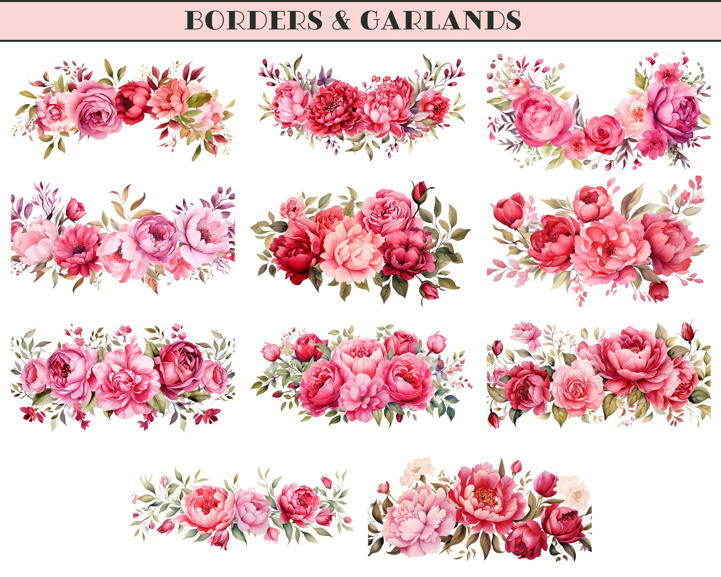 Watercolor Floral Clipart: Blush Pink Peonies & Red Roses (PNG Digital ...
