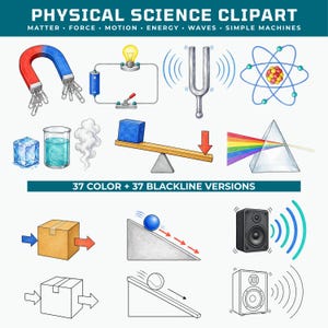 以下が含まれることがあります： 物理科学のクリップアートコレクション。馬蹄形磁石、電気回路、音叉、原子、物質の状態、レバー、プリズム、箱、斜面、スピーカーが描かれ、Physical Science Clipart 37 Color + 37 Blackline Versionsというテキストが含まれています。