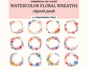 Watercolor Floral Wreath Clip Art: PNG Frames (Digital Download)