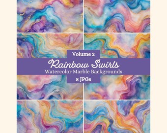 Watercolor Rainbow Marble Digital Paper Pack | 12x12" JPG Backgrounds | 8 High-Res Pastel Textures | Commercial Use | Instant Download