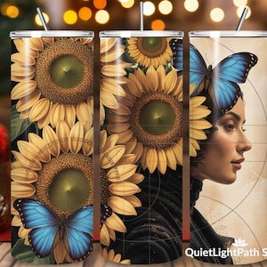 Sunflower Portrait Tumbler Wrap PNG | Elegant Woman & Blue Butterfly Art (Digital Download)