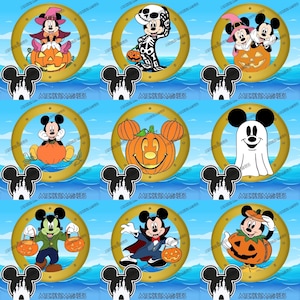 Può includere: Un set di nove magneti circolari raffiguranti personaggi Disney in costumi di Halloween, tra cui Topolino e Minnie con zucche, scheletri, fantasmi e abiti da vampiro, su uno sfondo d'acqua blu con icone a forma di testa di Topolino.