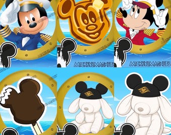 May include: A set of six circular magnets featuring Disney characters and treats. The designs include Mickey Mouse and Minnie Mouse in captain uniforms, a Mickey-shaped waffle, a chocolate-covered ice cream bar, and two white plush dogs.