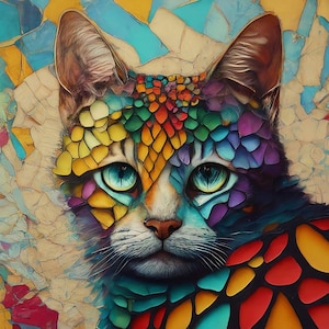 May include: A colorful abstract painting of a cat's face with a mosaic pattern. The cat's eyes are blue and green, and the fur is a mix of yellow, blue, green, and red.