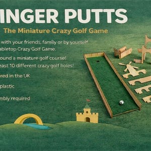 May include: A tabletop miniature crazy golf game set. The box features the text "FINGER PUTTS" and "The Miniature Crazy Golf Game". The set includes a green golf course, a golf ball, and wooden obstacles. Manufactured in the UK.