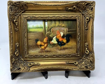 Barnyard Chickens Oil Painting 10.5X12 on wood