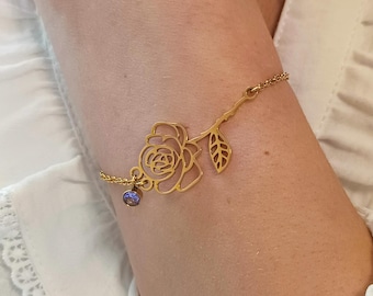 Personalisiertes Geburtssteinarmband aus Gold für Damen, Geburtsblumen-Design, Geburtssteinarmband, personalisierter Damenschmuck, symbolisches Geschenk für Frauen