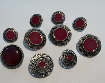 Lot of 10 Metal Buttons w/ Red Magenta Centers Sizes vary 5/8" to 1"