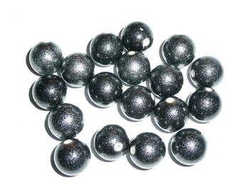 Lot of 18 Vintage Acrylic Black Stardust Round Beads - 14mm - Shimmery Black Stardust Finish