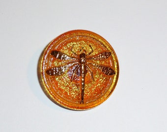 Beautiful Czech Glass Dragonfly Button - Dandelion Yellow w/ AB Finish & Gold Dragonfly - 30mm