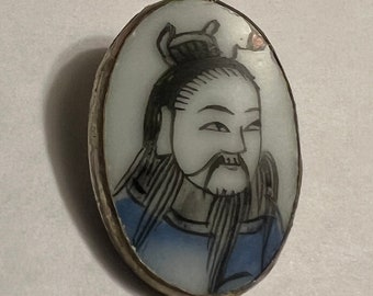 Primitive Porcelain Shard in Metal Bezel Button Hand Painted Asian Man