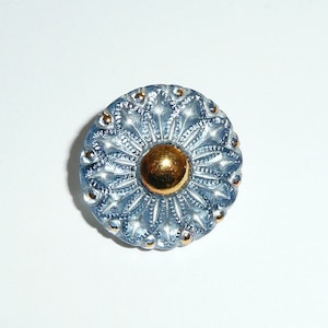 Pretty Czech Glass Slate Blue Collarette Flower Shank Button with Gold Accents - 18mm