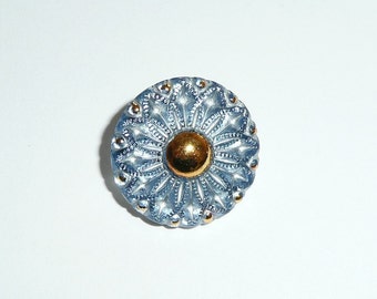 Pretty Czech Glass Slate Blue Collarette Flower Shank Button with Gold Accents - 18mm