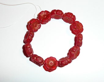 Pretty Hibiscus Flower Czech Glass Beads - Ruby Red w/ Etched Finish & Copper Wash - 12mm