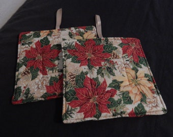 Pot Holders Christmas Poinsettias, red and white, set of two, Square
